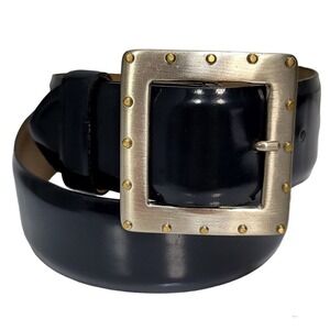 Linea Pelle by Mira K Blue Leather Belt Square Studded Buckle Wide Waist‎ Belt